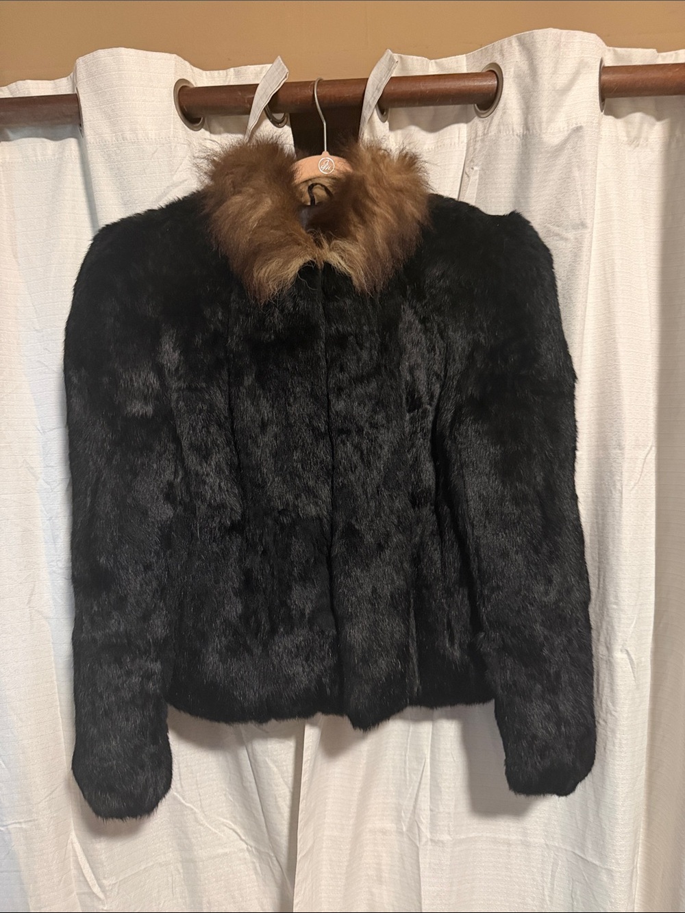 Sergio Valente Black Faux Fur Jacket with Brown Fur Collar